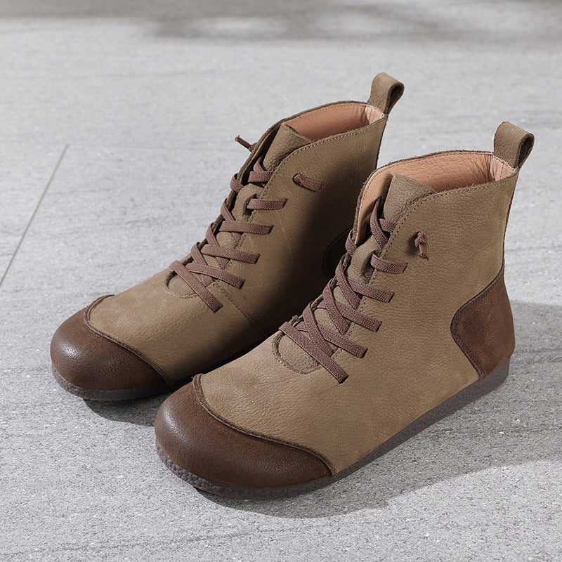 New Retro Leather High-top Women's Boots With Round Head Stitching
