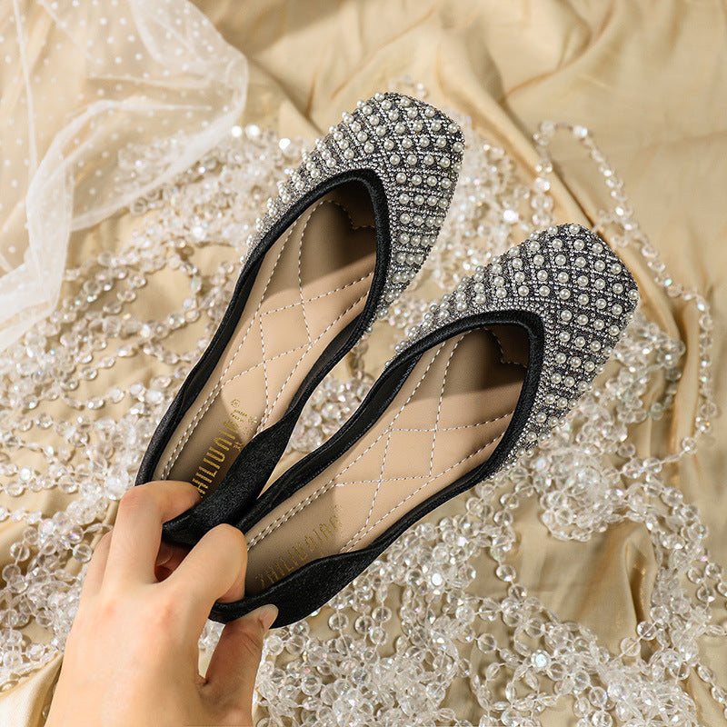 Pearl Water Diamond Square Head Shallow Mouth Single Shoes For Women