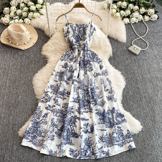 Womens Retro Chiffon Printed Backless Slip Dress