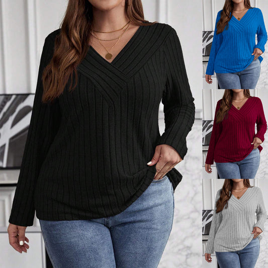 Efterår Og Vinter Ensfarvet Plus-size Krydset V-hals Langærmet Ribstrikket Børstet Pullover T-shirt Top