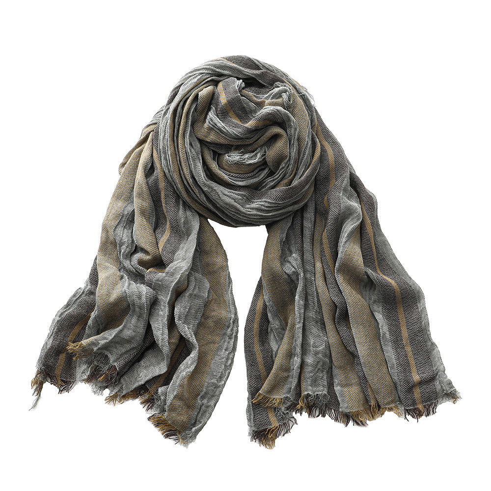 Retro Artistic Cotton And Linen Scarf Unisex Mixed Color Stripe Long