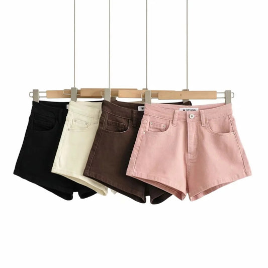 High Waist Leg Length Basic A-Line Stretch Crimped Denim Shorts