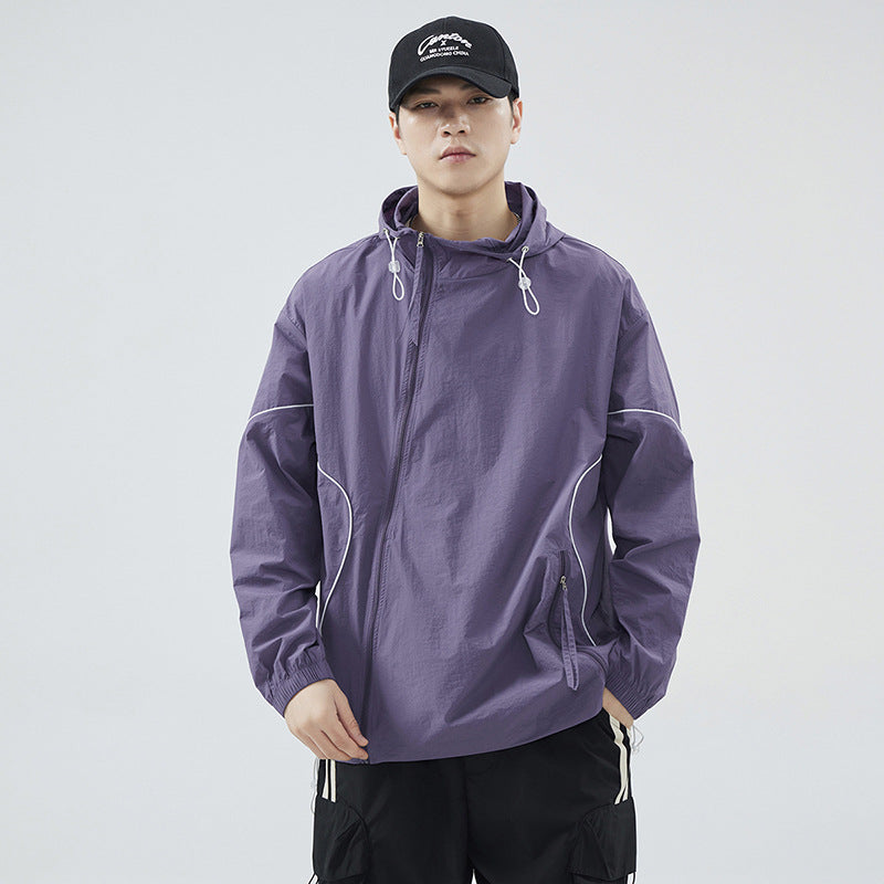 Oblique Zipper Design Solid Color Sun Protection Clothing Hooded
