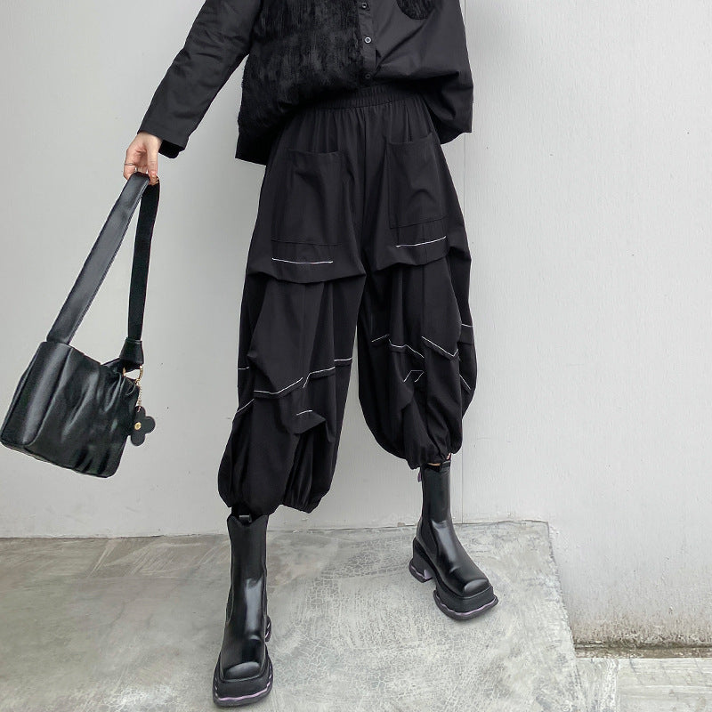 Dark Wind, Bright Thread, Large Pocket Harun Pants, Summer Thin High Waist, Slim Fashion, Casual Capris