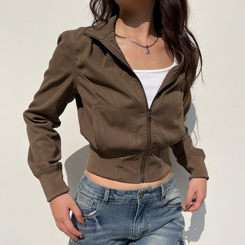Retro Waist-controlled Zipper Stand-up Collar Jacket