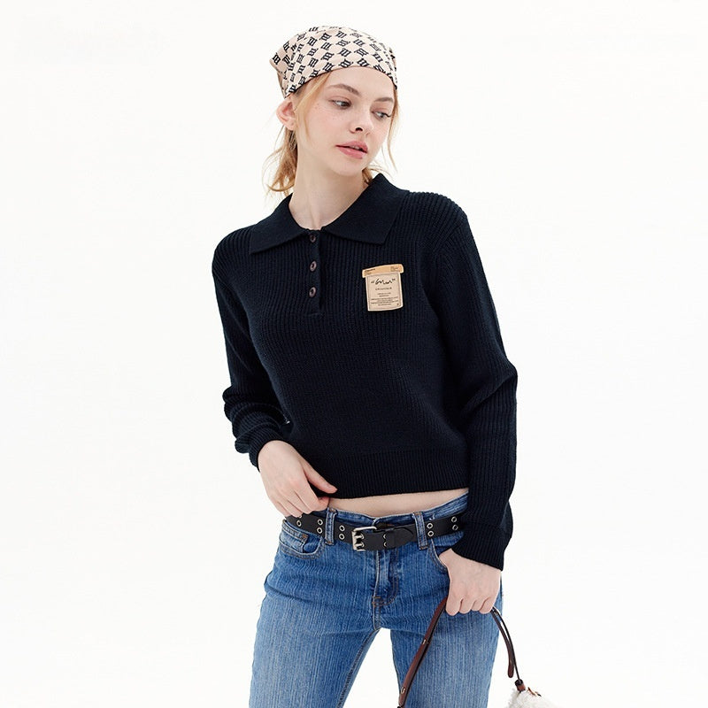 Oatmeal Color Lapel Korean Style Women's Sweater Idle Style Simple
