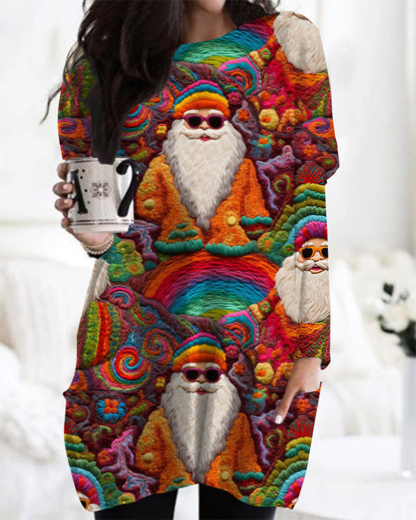 Printed Round Neck Long Sleeve Women's Bag Hip Dress