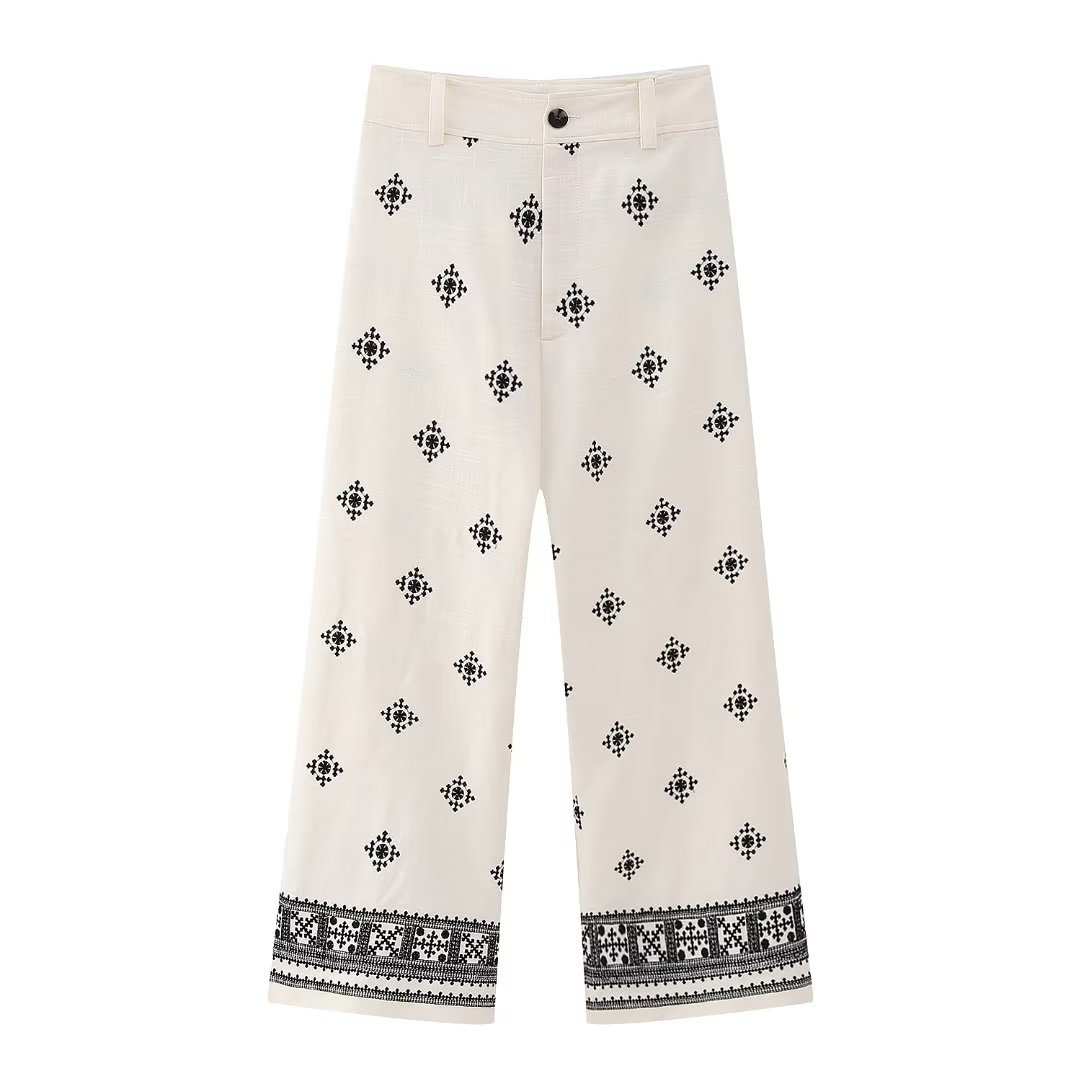 Geometric Embroidery Wide Leg Straight Casual Pants