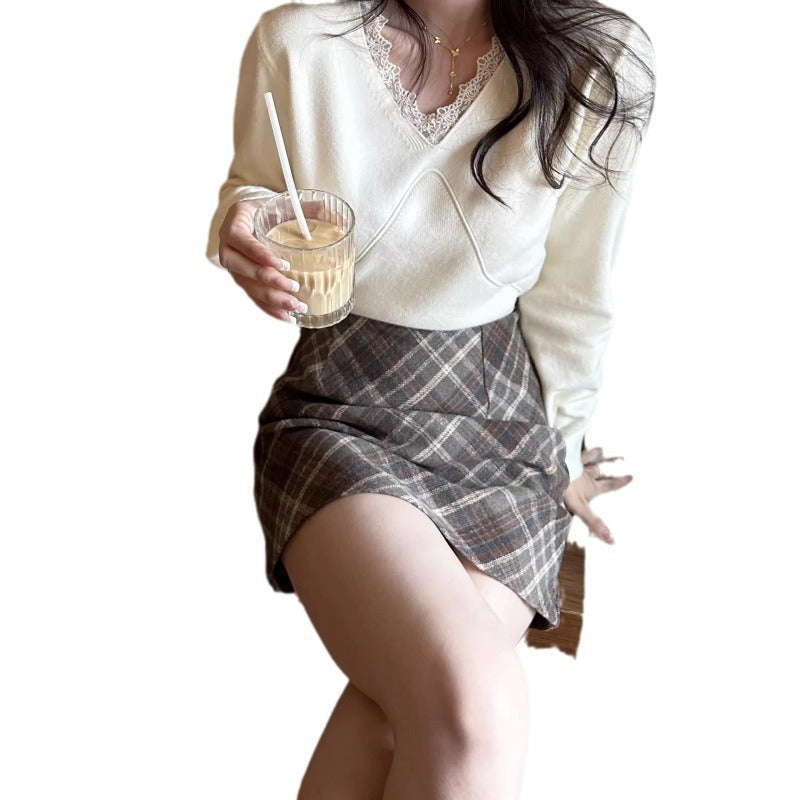 Lace V-neck Solid Color Women's Long Sleeve Sweater
