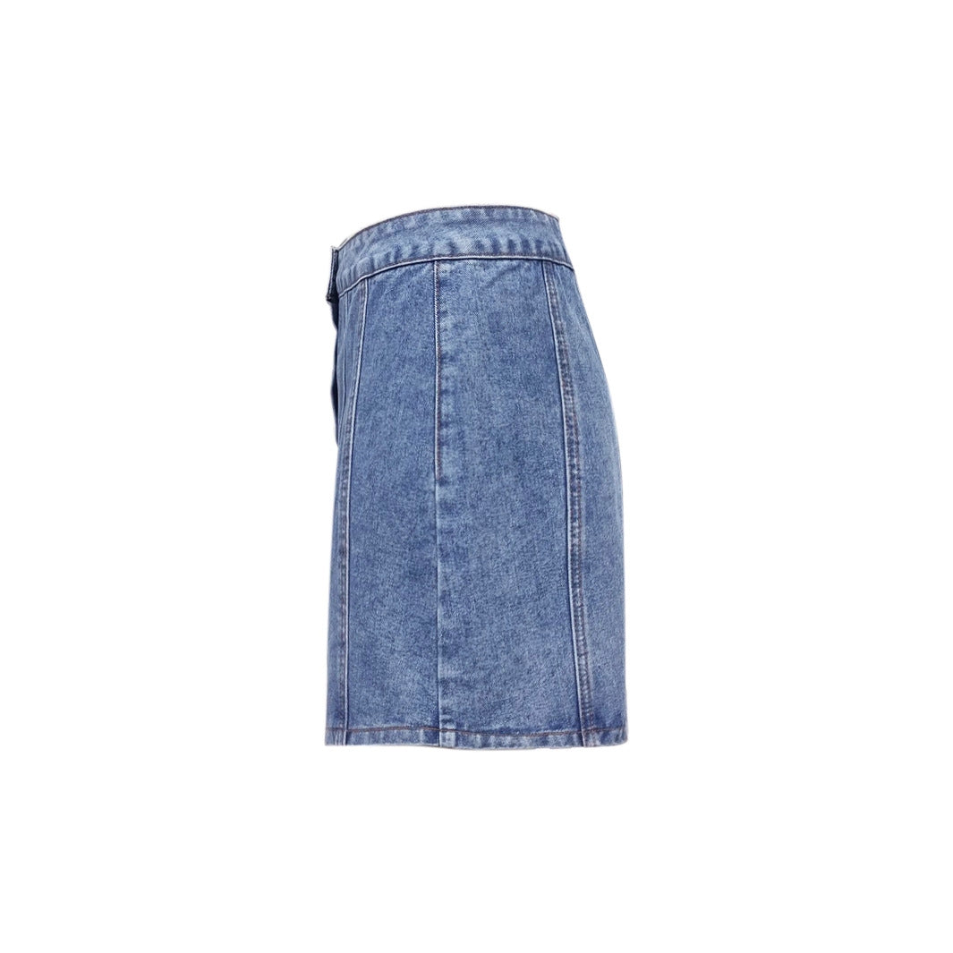 Womens Single-Breasted Defined-Waist Denim Skirt