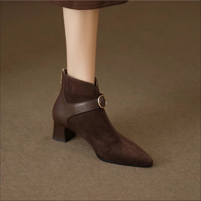 Pointed-toe Suede Belt-strap Mid-heel Ankle Boots