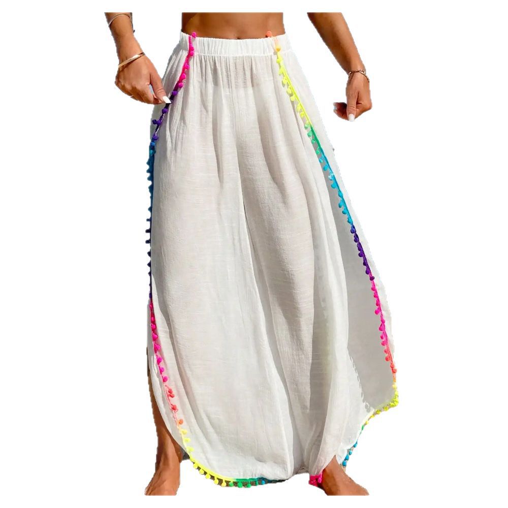 Colorful Tassel-patched Loose Asymmetrical Beach Pants