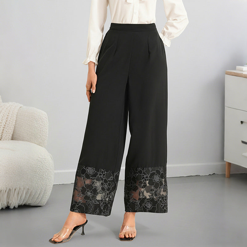 Solid-color Sheer Lace-panel Straight-leg Pants For Women