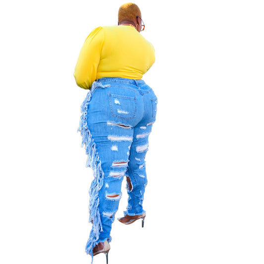 Plus Size Side Tassel Holes Jeans Pencil Pants Women Sexy Distressed Hollow Out Tight Denim Trousers Fashion Streetwear