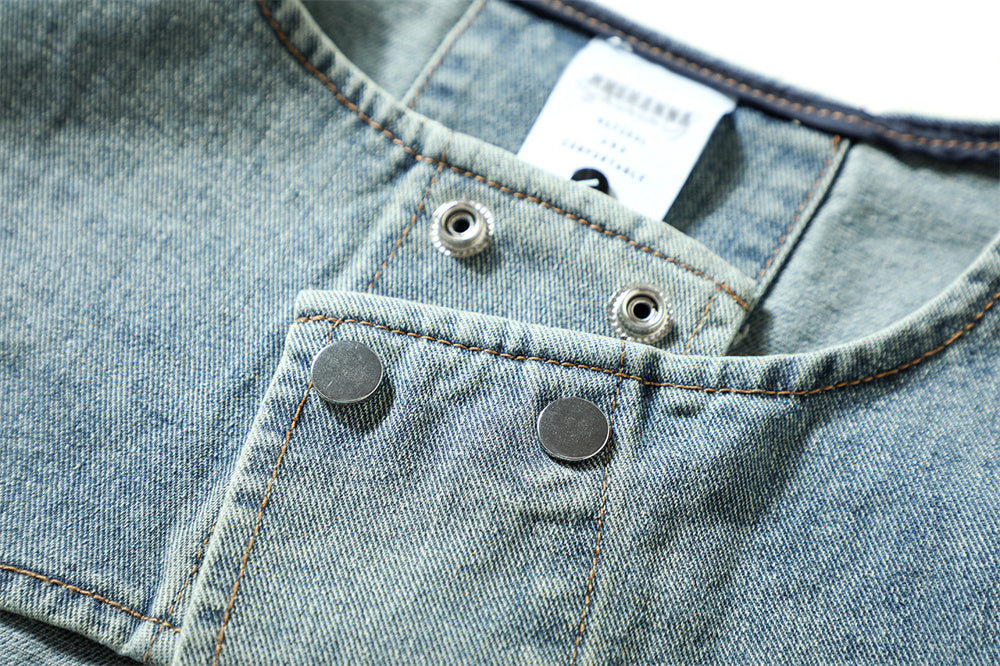 Denim Vest Men's Loose Casual High Street Patchwork Round Neck Coat