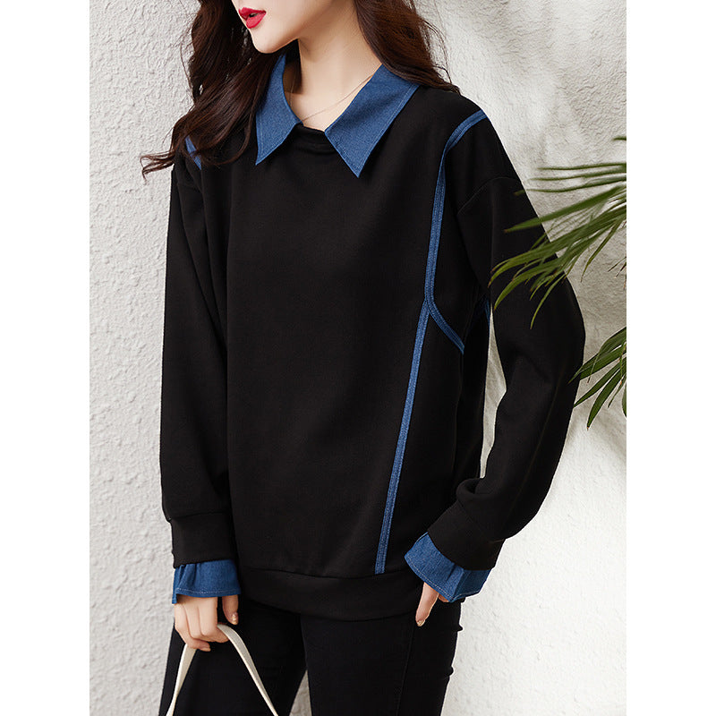 Denim Color Contrast Patchwork Lapel Sweater