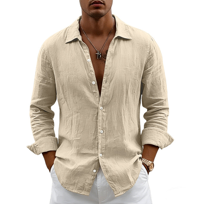 Loose-fit Cardigan With A Lapel Collar Versatile Linen Long-sleeve Shirt
