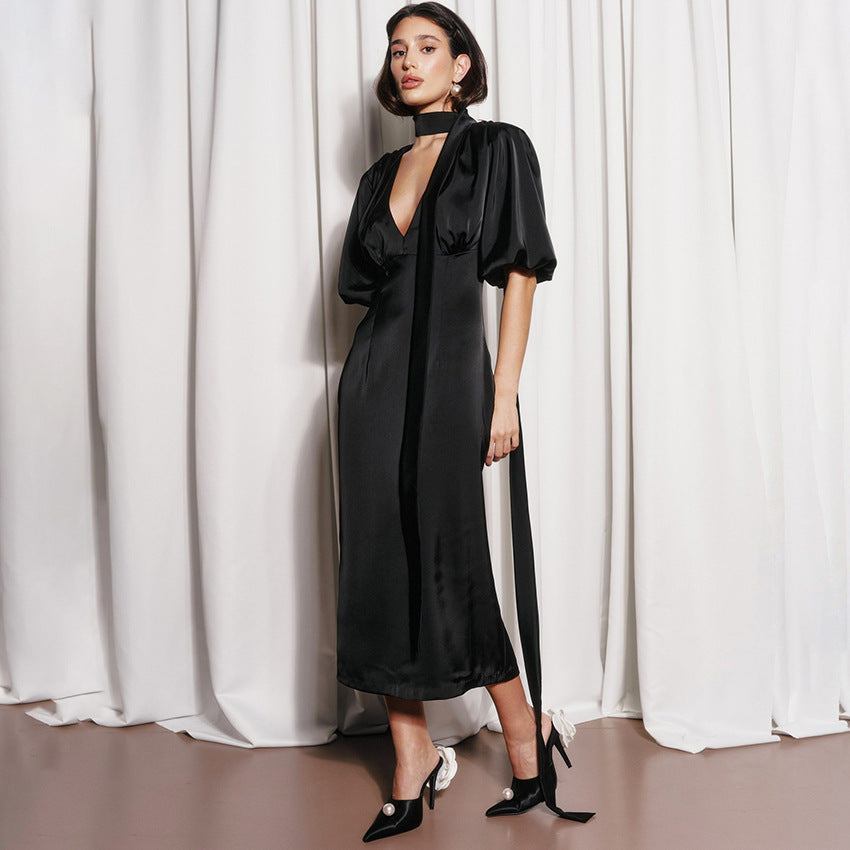 Summer Short Sleeve Puff Sleeve Deep V Neck A Line Maxi Dress