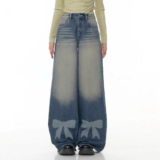 Retro vidde ben, sløjfe, printet, vasket denimjeans