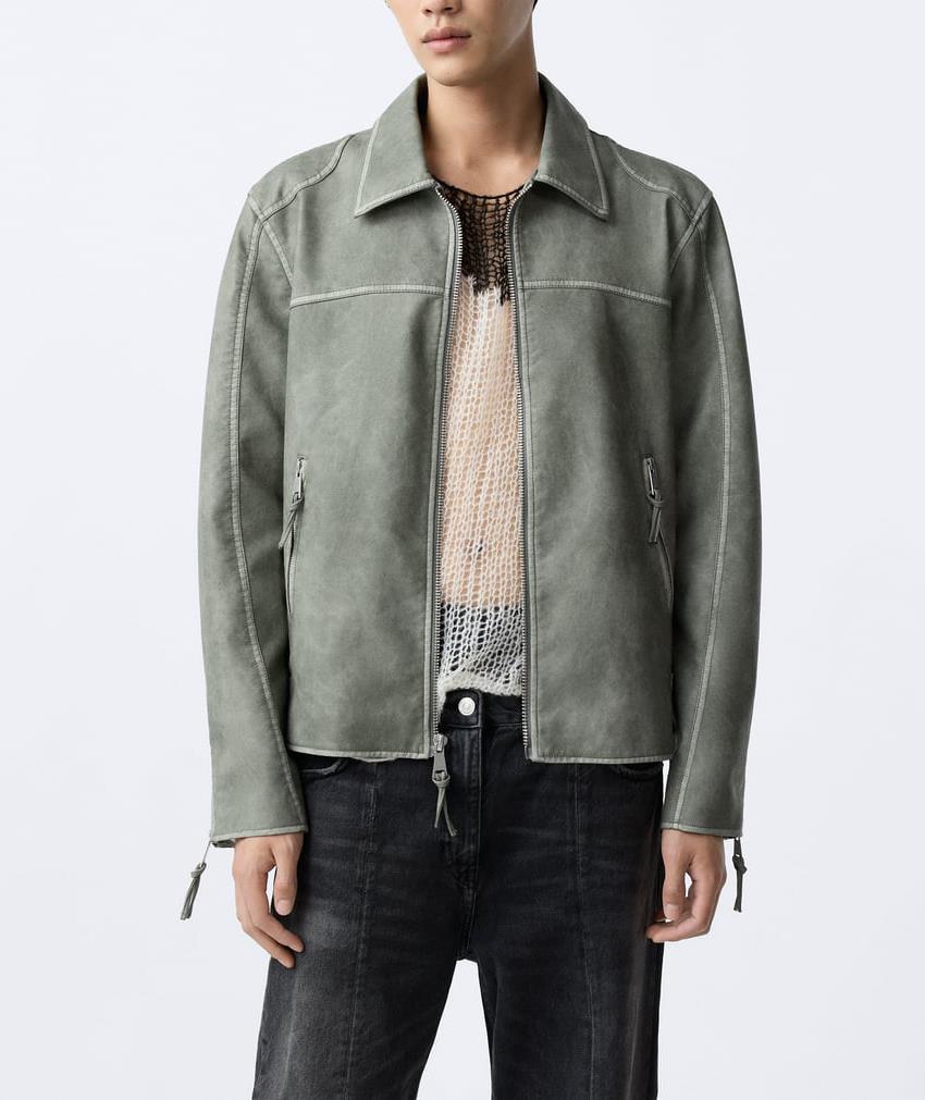 New Men's Zipper Distressed Retro Washed Imitation Leather Jacket Coat