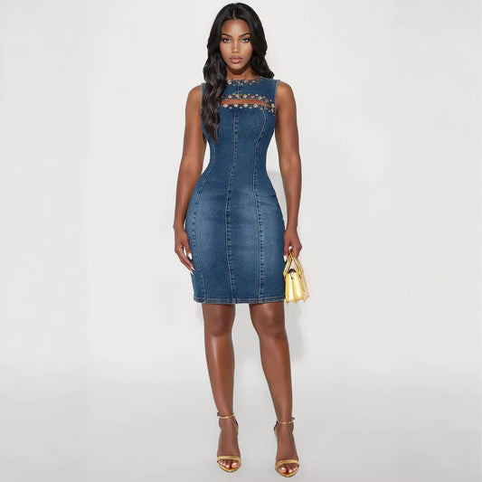 Fashionable Round-Neck Studded Denim Sleeveless Dress