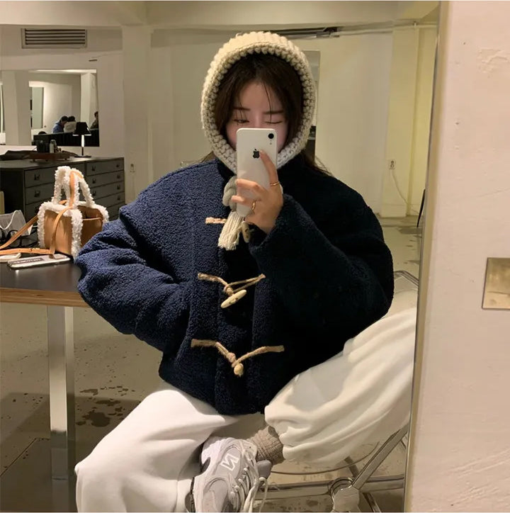 Horn Button Furry Coat Women's Winter Wear Fashion