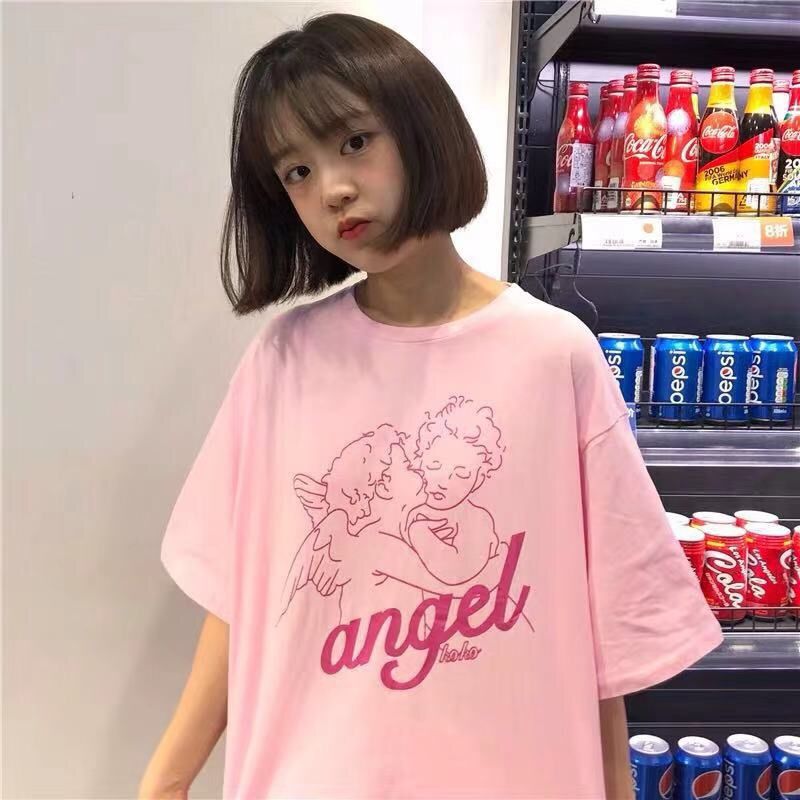 Women's Loose-Fitting Cute Little Angel Printed Short-Sleeve Top