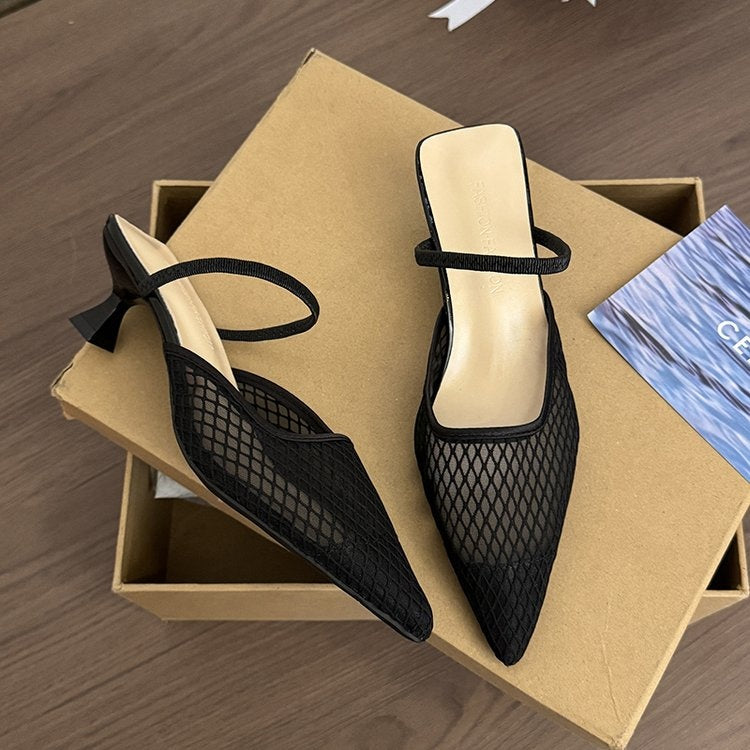 Women's Pink Mesh Pointed Toe Kitten Heel Mules, Breathable One Strap Closed Toe Slides, Fashion Low Heel Sandals For Office Daily Wear
