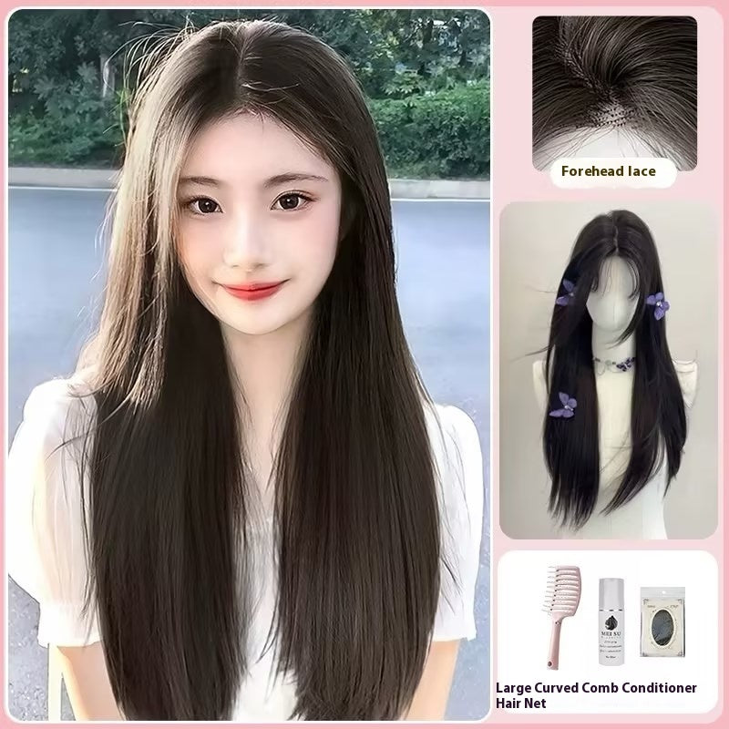 Breathable Mid-length Black Long Straight Forehead Lace Wig