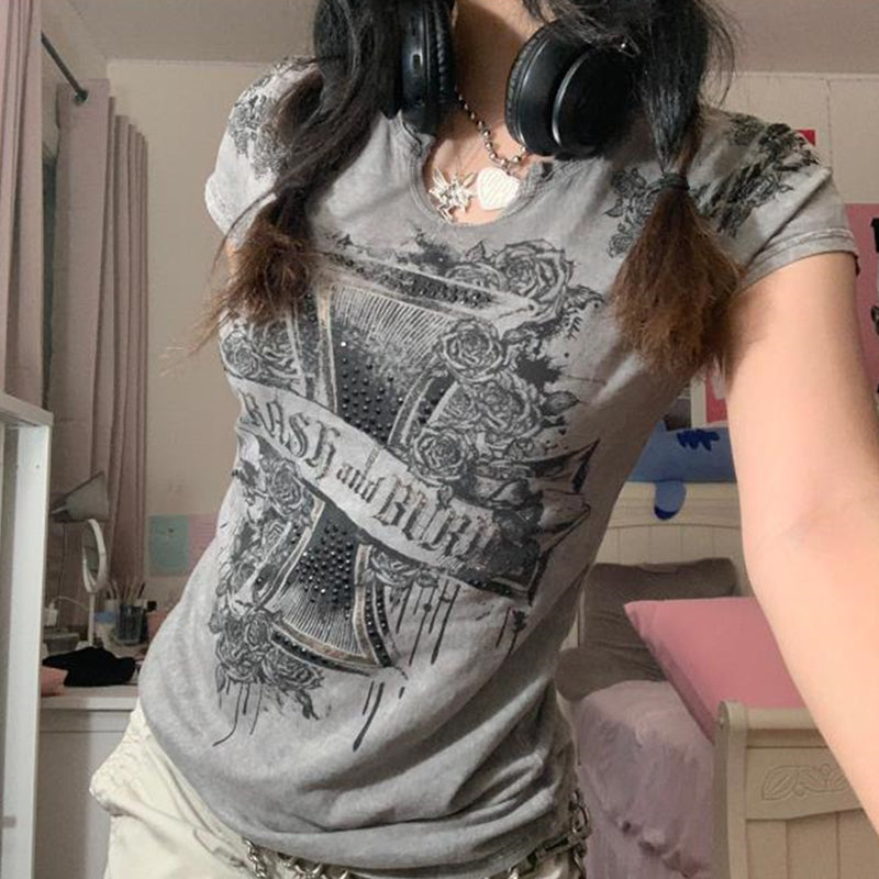 Ny retroprintet t-shirt med hot diamonds og korte ærmer til hverdagsbrug