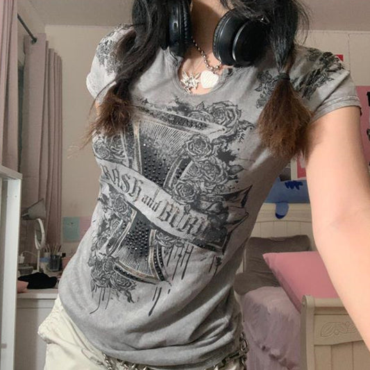 Ny retroprintet t-shirt med hot diamonds og korte ærmer til hverdagsbrug
