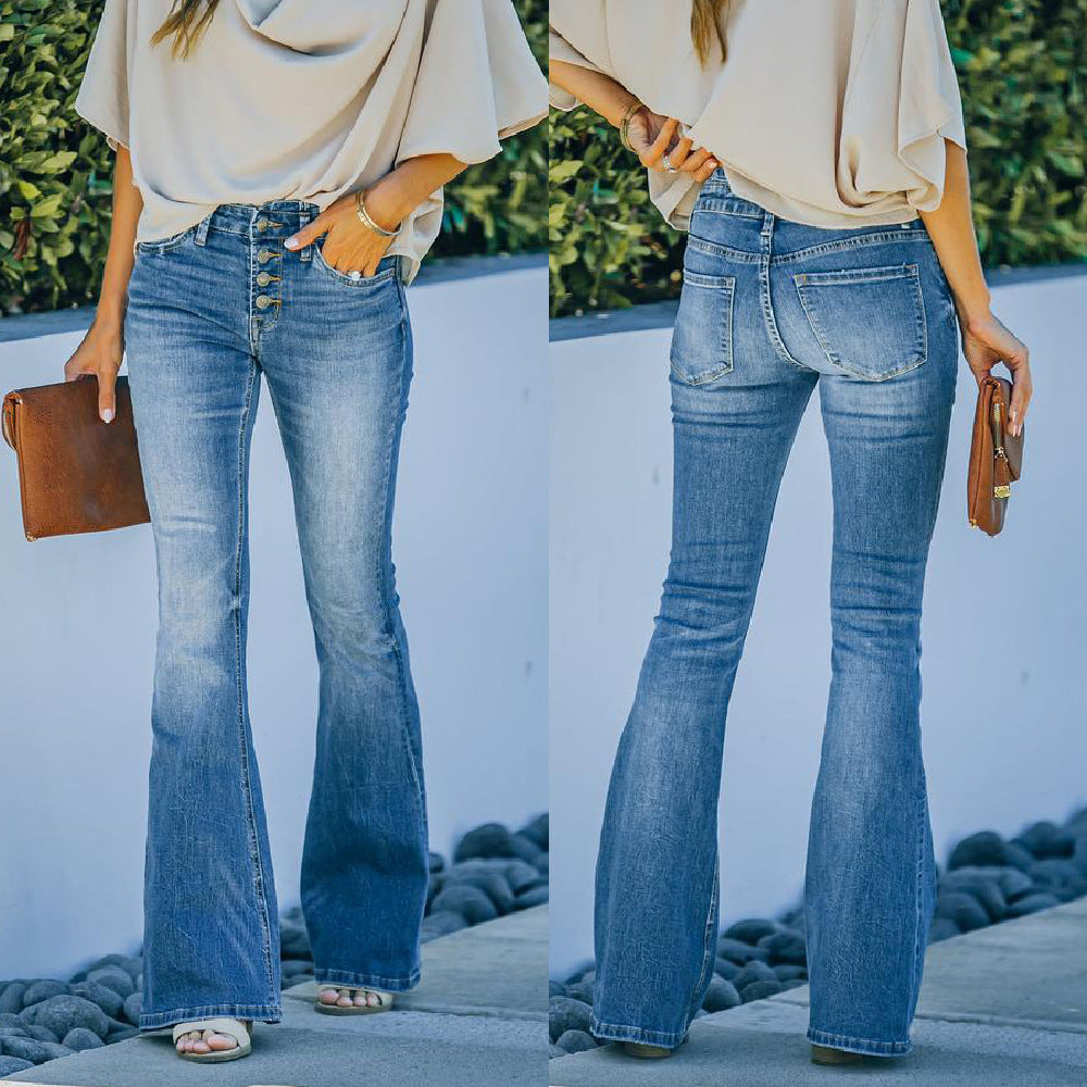 Højtaljede Trompetbukser Moderigtigt Vasket Look Street Style Jeans Til Kvinder