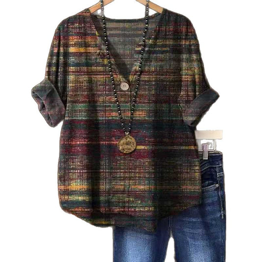 Women's Popular Knitted Short Sleeve Printed V-neck