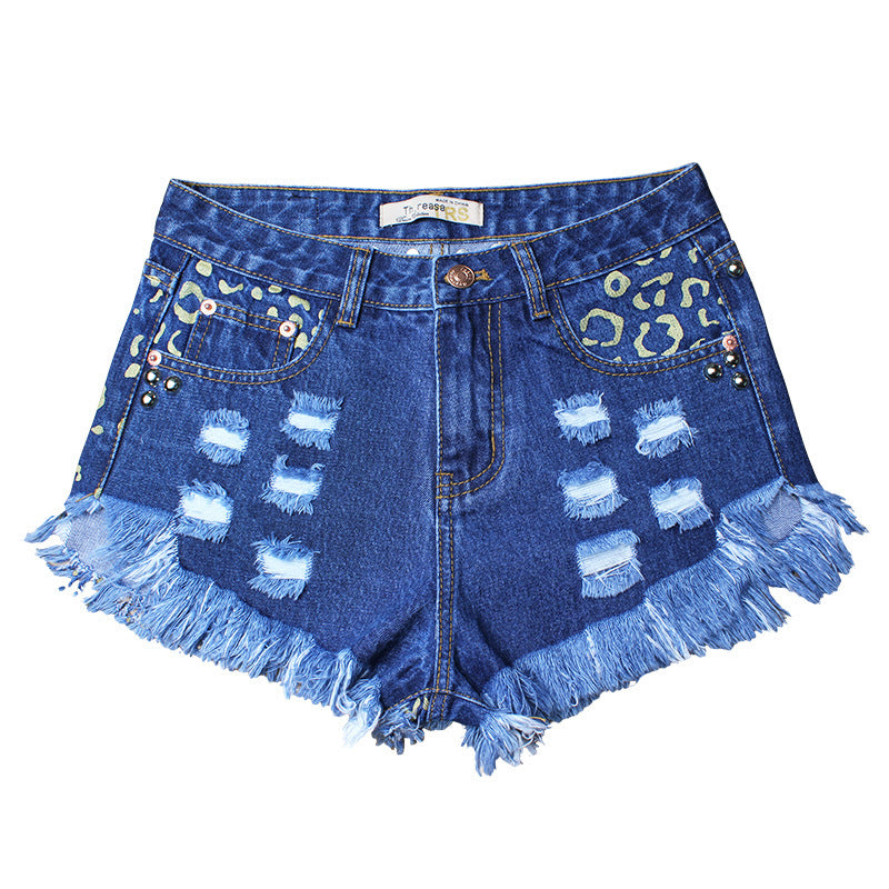 Hot Sale Ripped Loose High Waist Rivet Denim Shorts Printed Pants