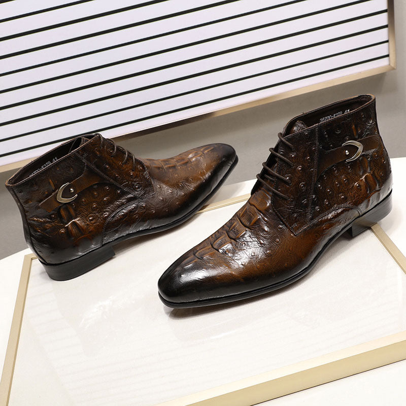 Business Casual Nude Boots British Leather Breathable High-top Pattern Embossed Lace