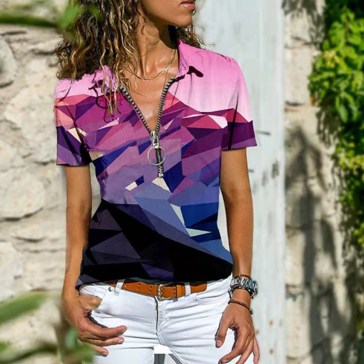 New Women's Boho Zip Short Sleeve T-Shirt