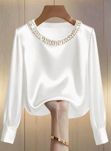 Simple Solid-Color Fashionable Beaded Crew-Neck Long-Sleeve Womens T-Shirt