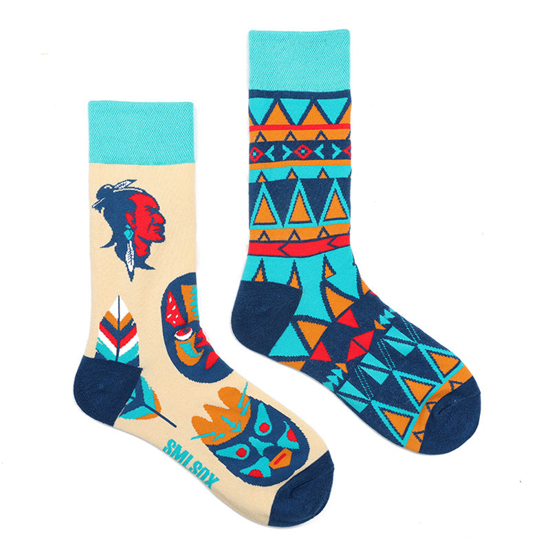 Asymmetrical Color Retro Personality Male And Female Couple Mid-length Cotton Socks