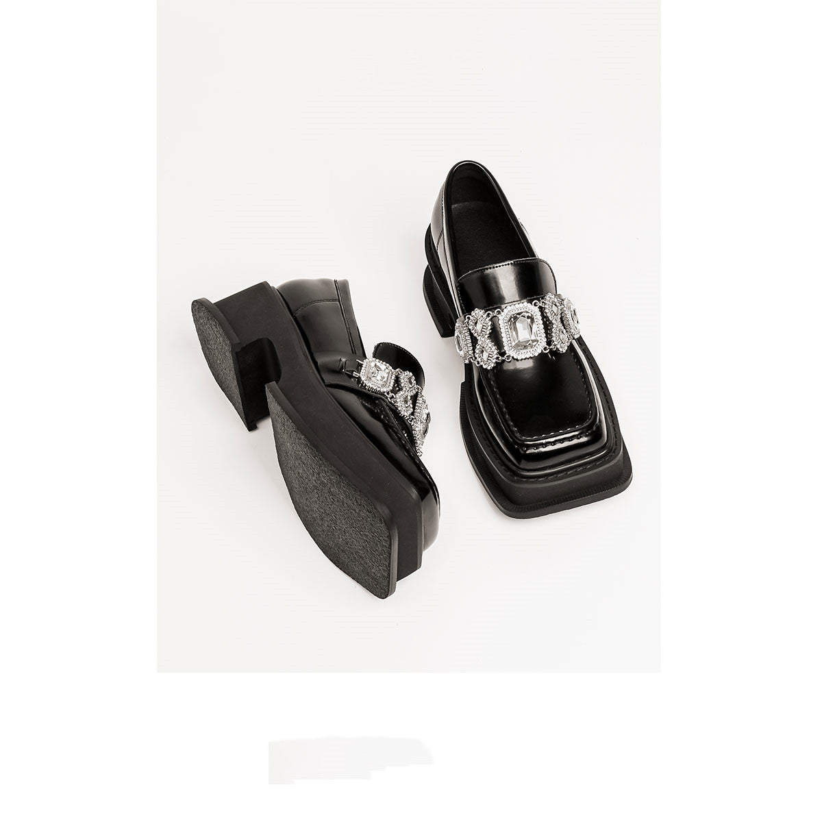 Rhinestone Lok Fu Square Toe Chunky Heel Shoes