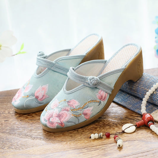 High Heel Wedge Embroidered Cloth Slippers For Women