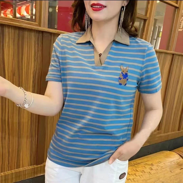 Stribet kortærmet V-hals T-shirt Sommer Slankende Alsidig Undertrøje