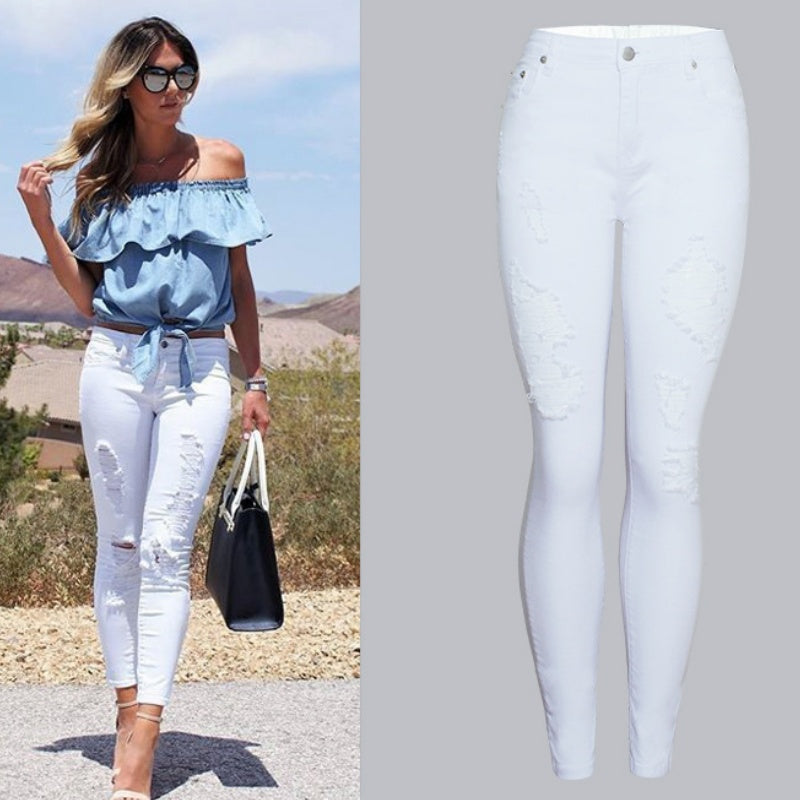 Trendy Slim-fit Ensfarvede Hvide Ripped Skinny Bukser til Kvinder