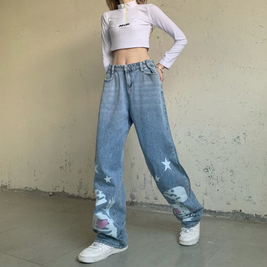Skull Pentagram Creative High Waist Adjustable Button Loose Straight Mop Jeans