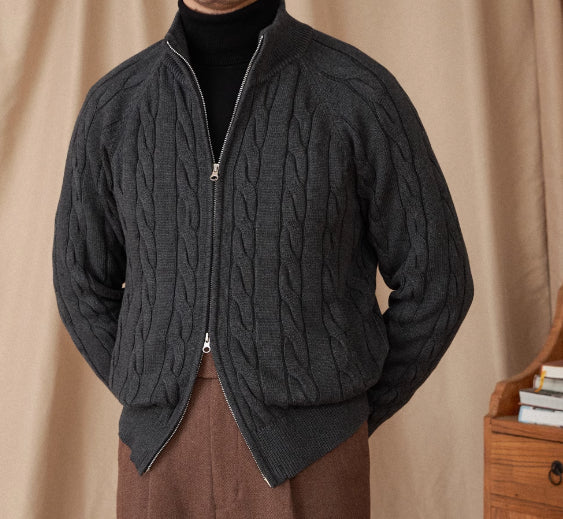 Pure Cotton Knitted British Thickened Heavy Weight Twisted Double Zipper Cardigan