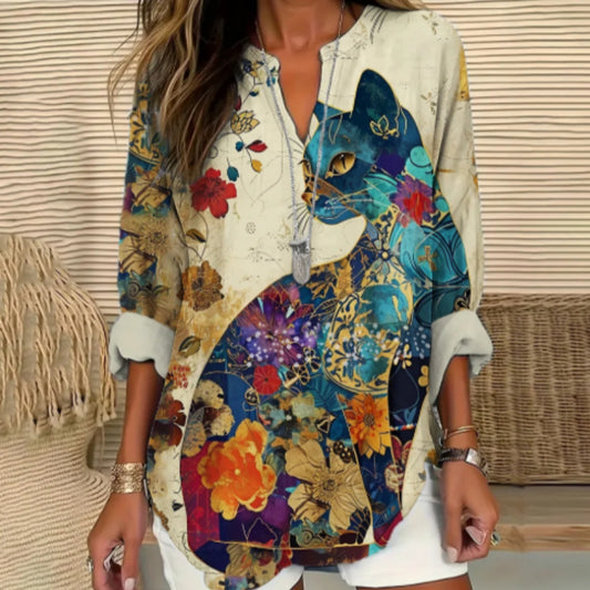 Women's Cat Pattern Vintage Floral Art Linen Long Sleeve Shirt