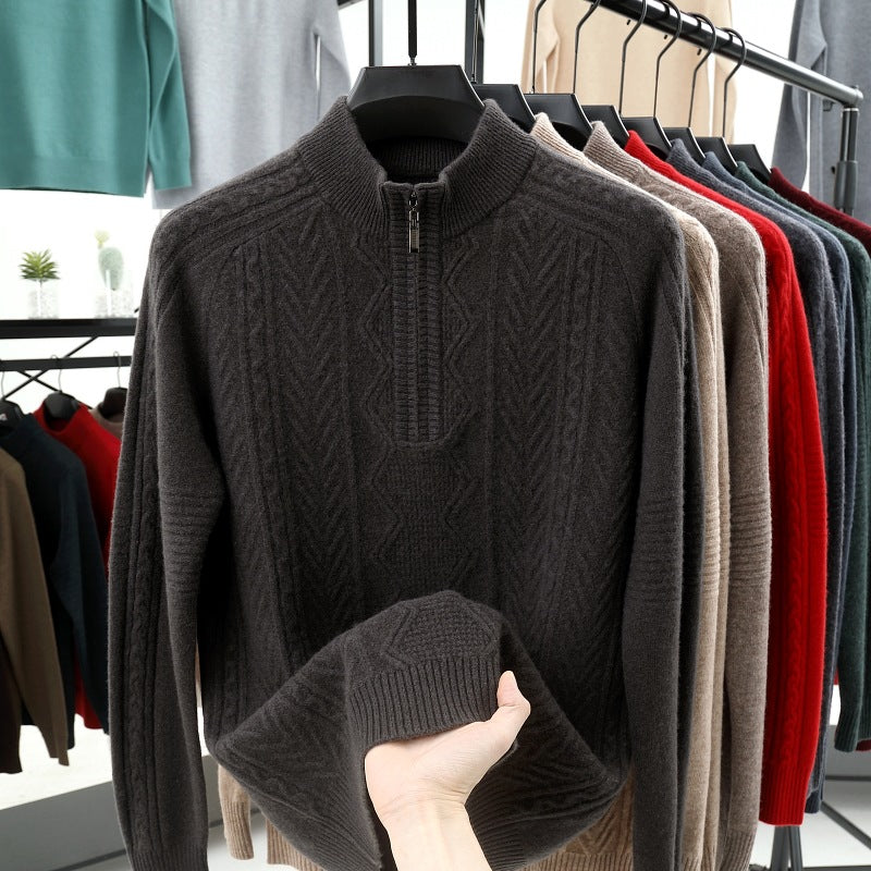 Wool  Men's Sweater Half Turtleneck Zipper Sweater