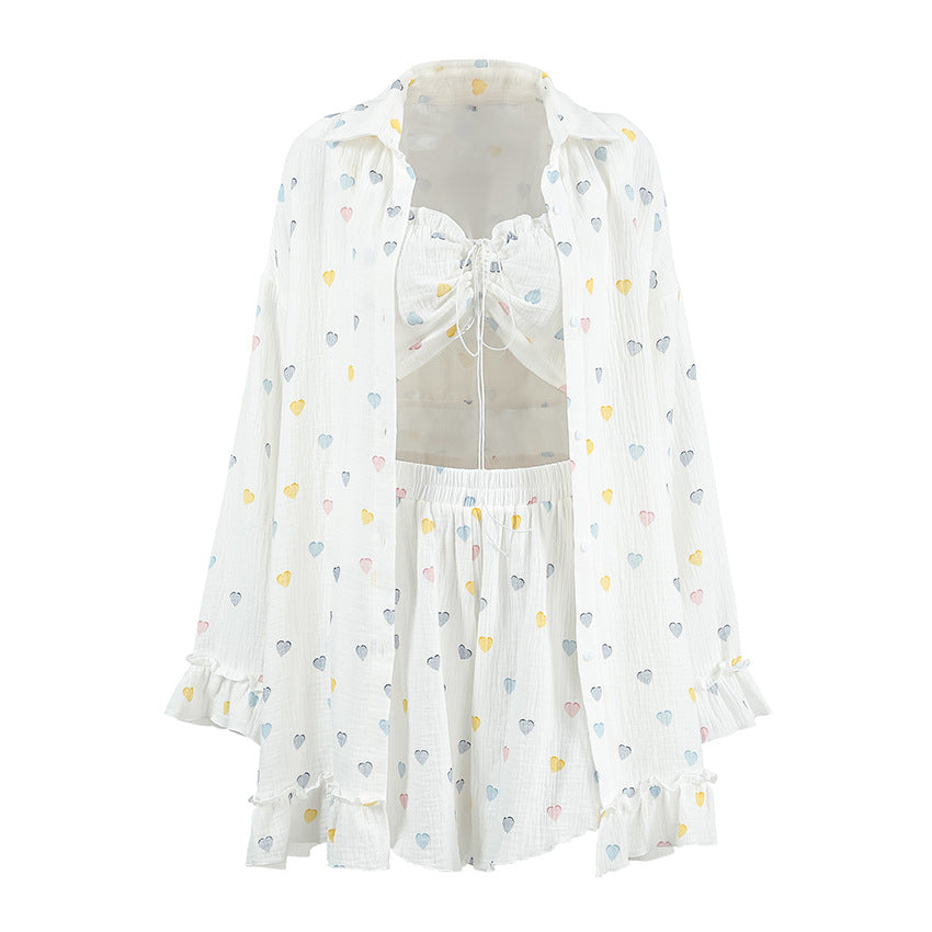 Sweet Floral Print Womens Cotton Ruffle-Trim Underwear Three-Piece Set Long-Sleeve Top And Shorts