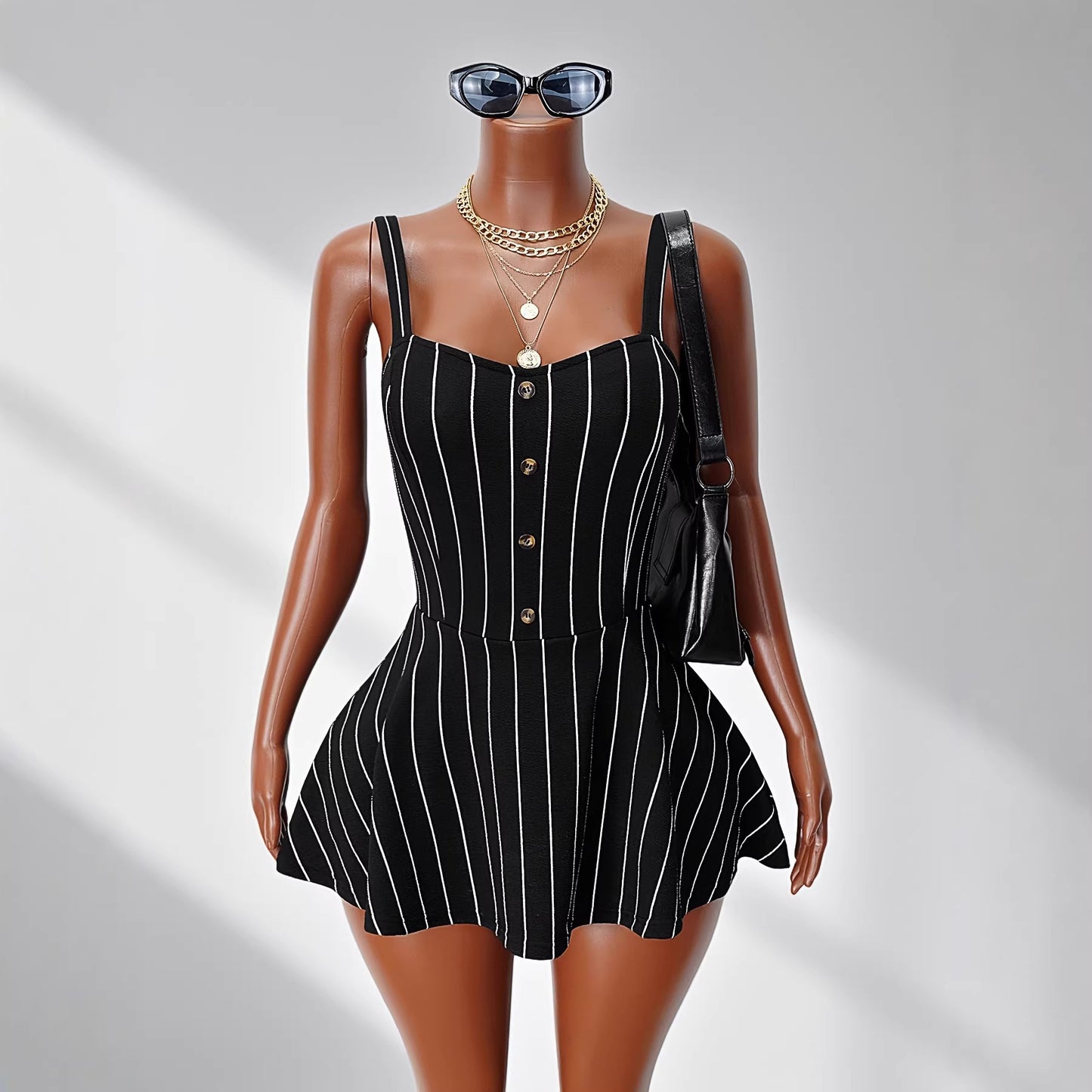 Strapped Striped Patchwork Dress With A Cinched Waist And A-line Silhouette