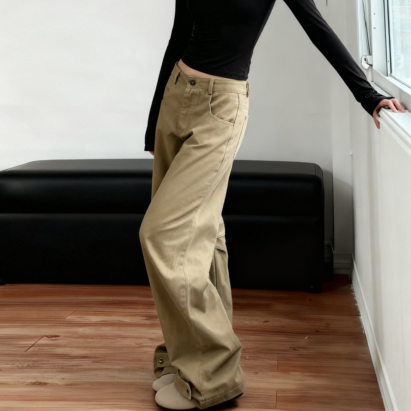 Simple, Everyday Basic Design Solid-color Straight-leg Wide-leg Jeans