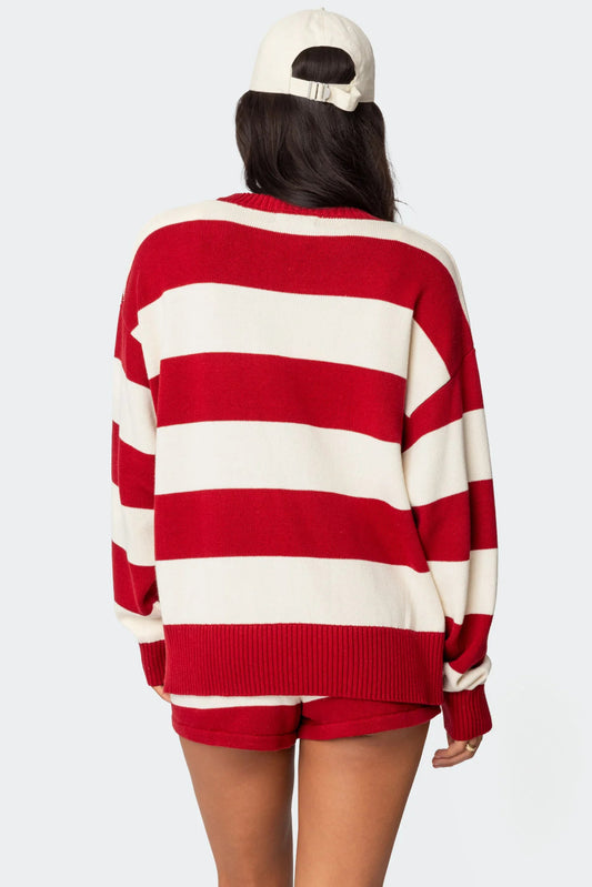 Round Neck Striped Knitted Women's Sweater Set